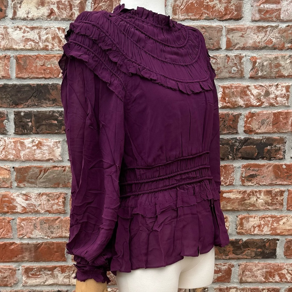 SOLD ELSEWHERE NWT FARM Rio burgundy/purple ruffled long sleeve gathered blouse - Picture 3 of 13